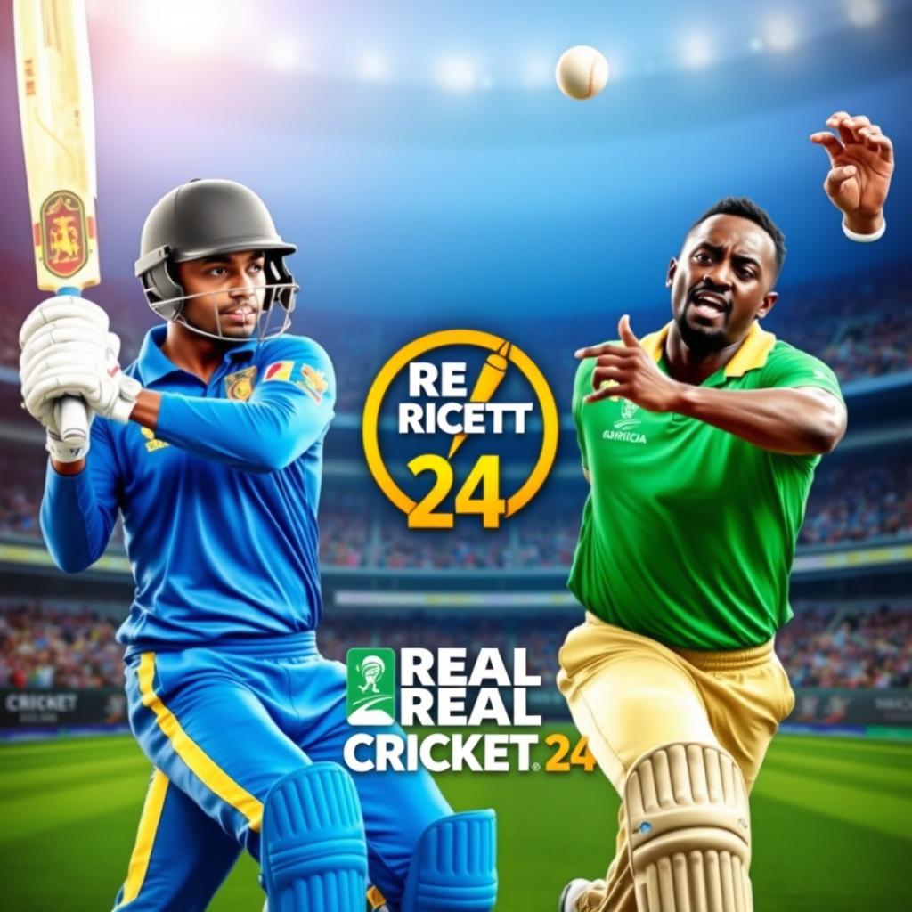 An intense and dynamic video game thumbnail featuring Sri Lankan cricketer Pathum Nissanka facing off against South African cricketer Kagiso Rabada in a virtual cricket match within the Real Cricket 24 video game