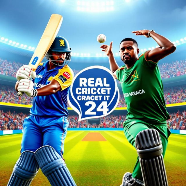 An intense and dynamic video game thumbnail featuring Sri Lankan cricketer Pathum Nissanka facing off against South African cricketer Kagiso Rabada in a virtual cricket match within the Real Cricket 24 video game