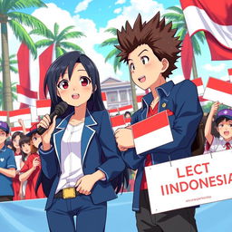 A vibrant scene showcasing two anime characters engaged in an election rally in Indonesia