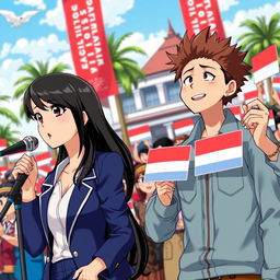 A vibrant scene showcasing two anime characters engaged in an election rally in Indonesia