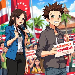 A vibrant scene showcasing two anime characters engaged in an election rally in Indonesia