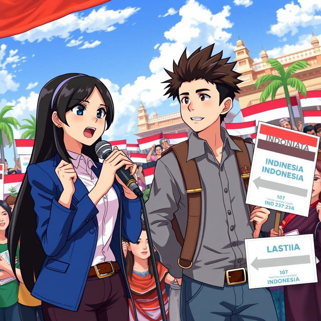 A vibrant scene showcasing two anime characters engaged in an election rally in Indonesia