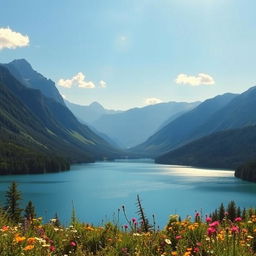 A breathtaking landscape showcasing the beauty of nature, featuring a serene lake surrounded by majestic mountains under a clear blue sky