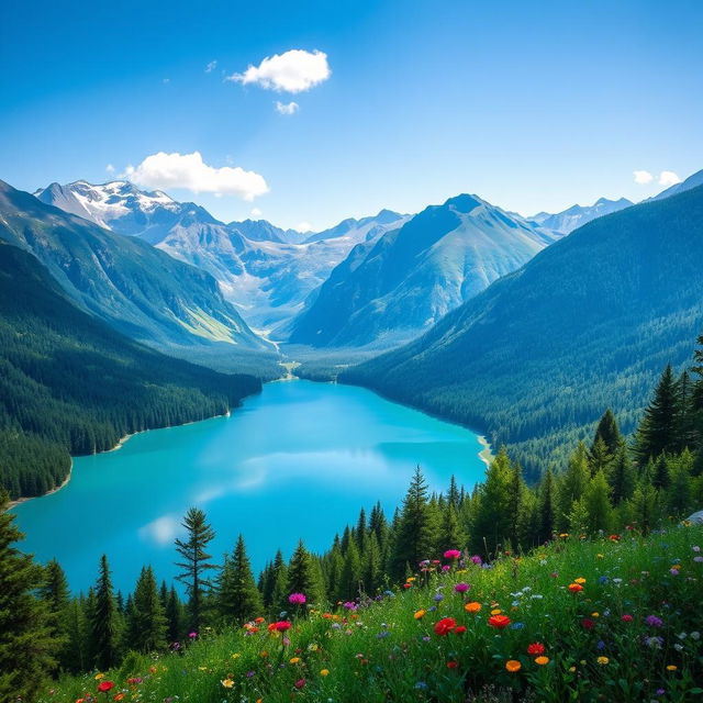 A breathtaking landscape showcasing the beauty of nature, featuring a serene lake surrounded by majestic mountains under a clear blue sky