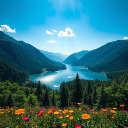 A breathtaking landscape showcasing the beauty of nature, featuring a serene lake surrounded by majestic mountains under a clear blue sky