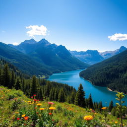 A breathtaking landscape showcasing the beauty of nature, featuring a serene lake surrounded by majestic mountains under a clear blue sky