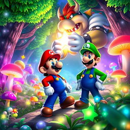 In the vibrant and colorful Mushroom Kingdom, depict Mario and Luigi on a daring adventure to recover the stolen Shining Star from Bowser