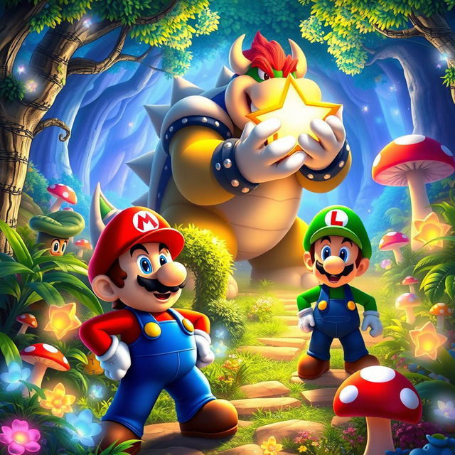 In the vibrant and colorful Mushroom Kingdom, depict Mario and Luigi on a daring adventure to recover the stolen Shining Star from Bowser