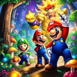 In the vibrant and colorful Mushroom Kingdom, depict Mario and Luigi on a daring adventure to recover the stolen Shining Star from Bowser