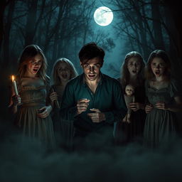 A dark and eerie scene inspired by a horror movie, set in a desolate forest at night, enveloped in dense fog that pervades the atmosphere