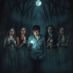 A dark and eerie scene inspired by a horror movie, set in a desolate forest at night, enveloped in dense fog that pervades the atmosphere
