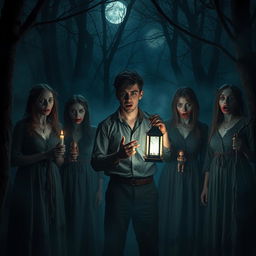 A dark and eerie scene in the style of a horror movie, set in a desolate forest during night time