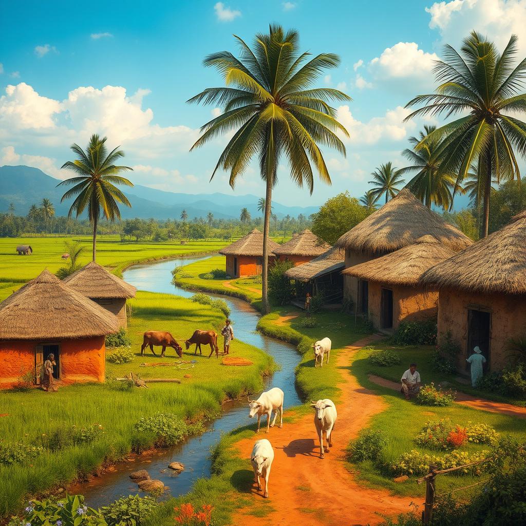 A picturesque scene of a traditional Indian village, showcasing vibrant huts made of clay and thatch, set against a backdrop of lush green fields and tall palm trees swaying gently in the breeze