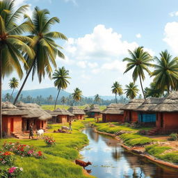 A picturesque scene of a traditional Indian village, showcasing vibrant huts made of clay and thatch, set against a backdrop of lush green fields and tall palm trees swaying gently in the breeze