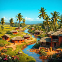 A picturesque scene of a traditional Indian village, showcasing vibrant huts made of clay and thatch, set against a backdrop of lush green fields and tall palm trees swaying gently in the breeze