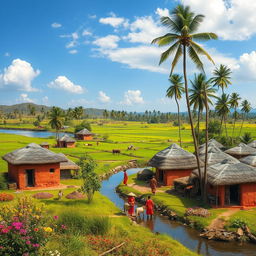 A picturesque scene of a traditional Indian village, showcasing vibrant huts made of clay and thatch, set against a backdrop of lush green fields and tall palm trees swaying gently in the breeze