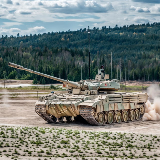 A high-quality photograph of the Leopard 2A4, a main battle tank used by the Canadian Armed Forces, depicted in its full operational setup on a military training ground