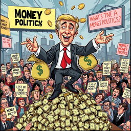 A satirical illustration depicting a whimsical politician with oversized money bags for arms and legs, grotesquely dancing on top of a pile of cash