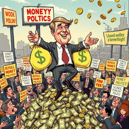 A satirical illustration depicting a whimsical politician with oversized money bags for arms and legs, grotesquely dancing on top of a pile of cash
