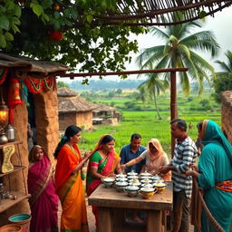 A charming scene of a traditional Indian village featuring a bustling tea stall, set against a backdrop of rustic clay huts and lush greenery