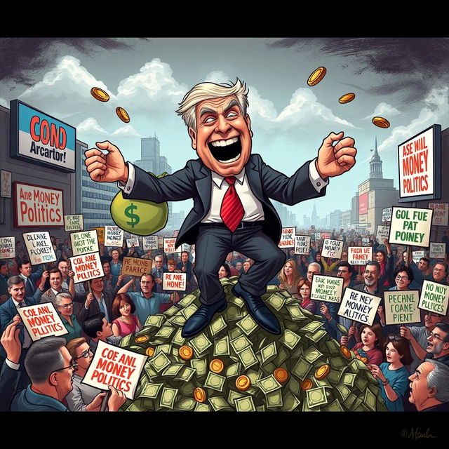 A satirical illustration depicting a whimsical politician with oversized money bags for arms and legs, grotesquely dancing on top of a pile of cash