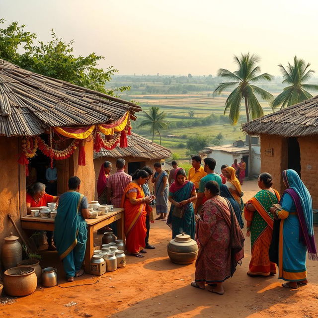 A charming scene of a traditional Indian village featuring a bustling tea stall, set against a backdrop of rustic clay huts and lush greenery