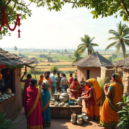 A charming scene of a traditional Indian village featuring a bustling tea stall, set against a backdrop of rustic clay huts and lush greenery