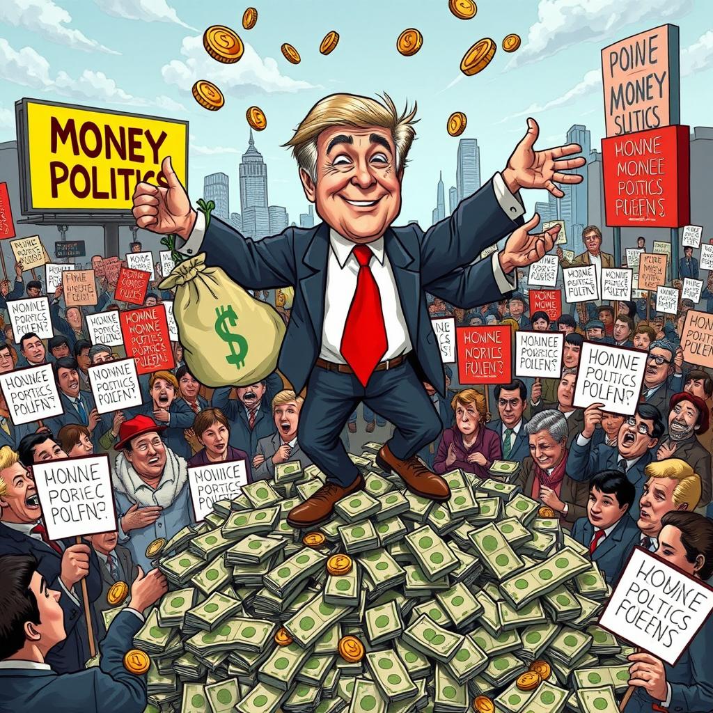 A satirical illustration depicting a whimsical politician with oversized money bags for arms and legs, grotesquely dancing on top of a pile of cash