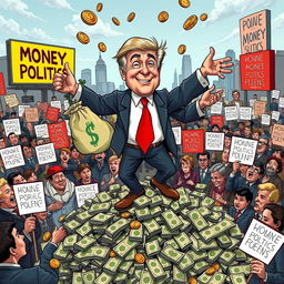 A satirical illustration depicting a whimsical politician with oversized money bags for arms and legs, grotesquely dancing on top of a pile of cash