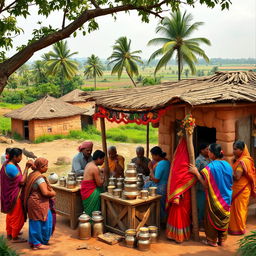 A charming scene of a traditional Indian village featuring a bustling tea stall, set against a backdrop of rustic clay huts and lush greenery
