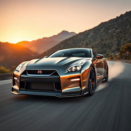 A sleek, modern Nissan GT-R speeding along a winding mountain road at sunset, with its metallic body reflecting golden and orange hues of the sky