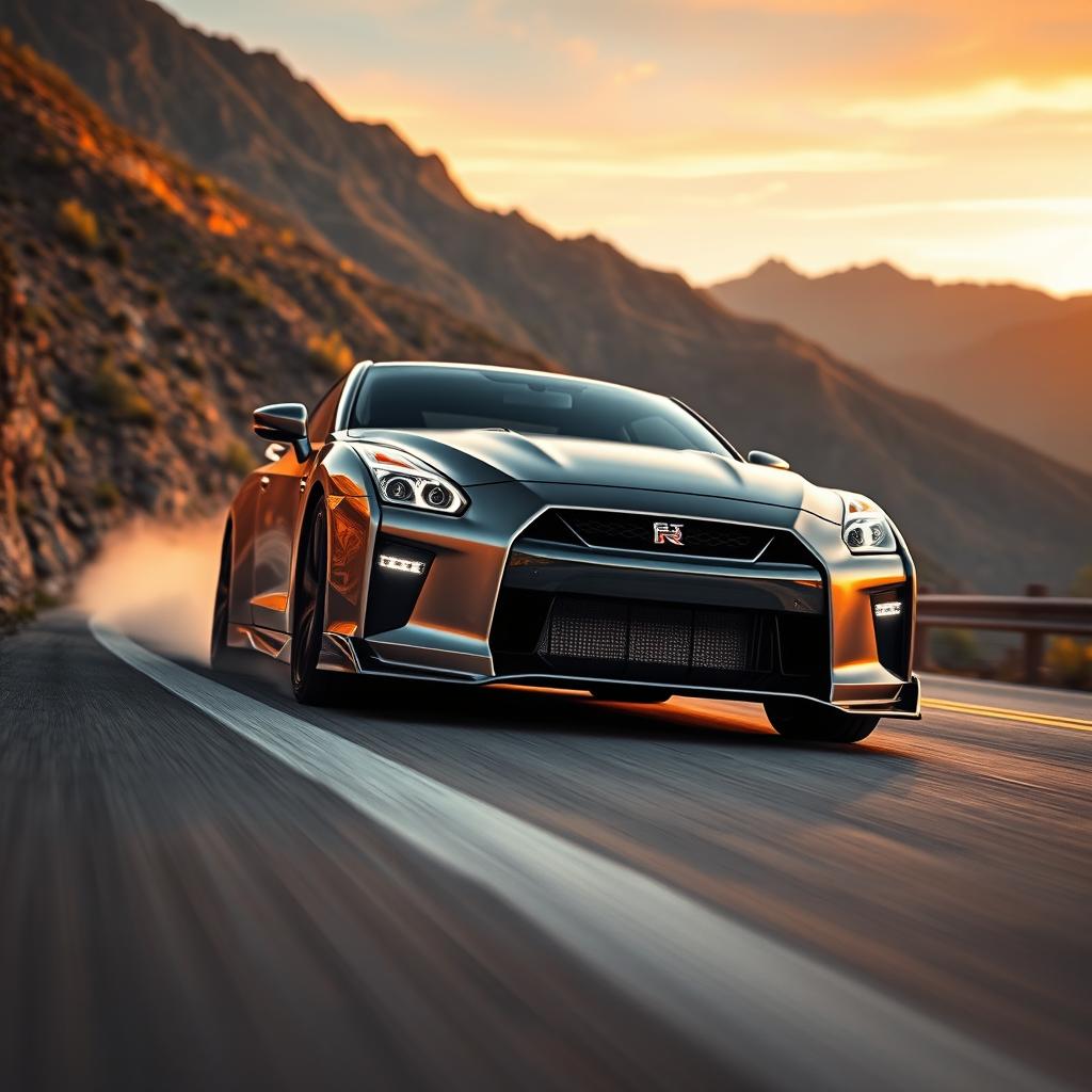 A sleek, modern Nissan GT-R speeding along a winding mountain road at sunset, with its metallic body reflecting golden and orange hues of the sky