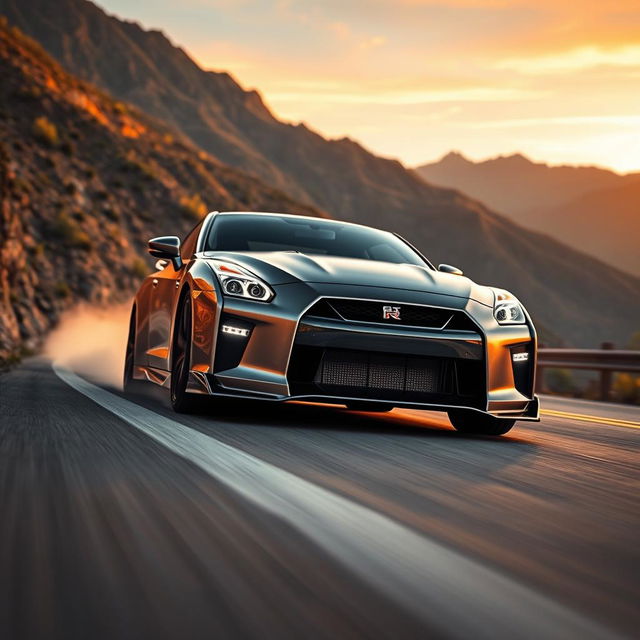 A sleek, modern Nissan GT-R speeding along a winding mountain road at sunset, with its metallic body reflecting golden and orange hues of the sky