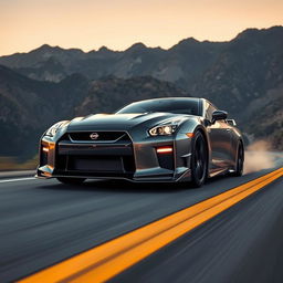 A sleek, modern Nissan GT-R speeding along a winding mountain road at sunset, with its metallic body reflecting golden and orange hues of the sky