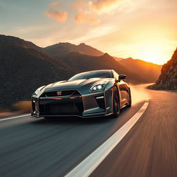A sleek, modern Nissan GT-R speeding along a winding mountain road at sunset, with its metallic body reflecting golden and orange hues of the sky
