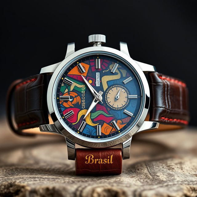 A stunning watch design featuring a robust 316L stainless steel case and a strap made of leather with intricate stitching inspired by the traditional Brazilian gibão style