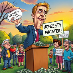 A satirical illustration depicting a whimsical scene of a politician exaggeratedly rejecting piles of cash, standing on a soapbox in a vibrant outdoor park