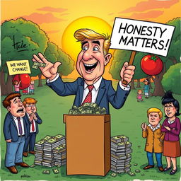 A satirical illustration depicting a whimsical scene of a politician exaggeratedly rejecting piles of cash, standing on a soapbox in a vibrant outdoor park