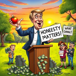 A satirical illustration depicting a whimsical scene of a politician exaggeratedly rejecting piles of cash, standing on a soapbox in a vibrant outdoor park