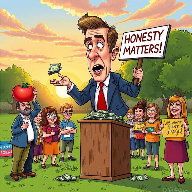 A satirical illustration depicting a whimsical scene of a politician exaggeratedly rejecting piles of cash, standing on a soapbox in a vibrant outdoor park