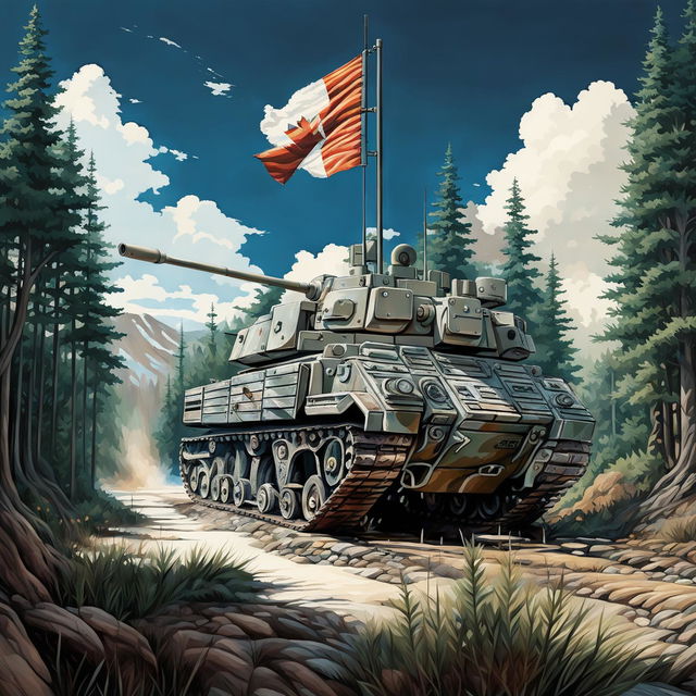 A high-quality digital art showcasing a Canadian tank in a forest setting