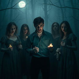 A dark and eerie scene inspired by a horror movie, set in a desolate forest at night enveloped in thick fog