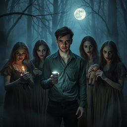 A dark and eerie scene inspired by a horror movie, set in a desolate forest at night enveloped in thick fog