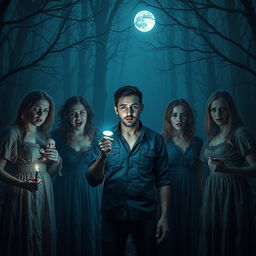A dark and eerie scene inspired by a horror movie, set in a desolate forest at night enveloped in thick fog