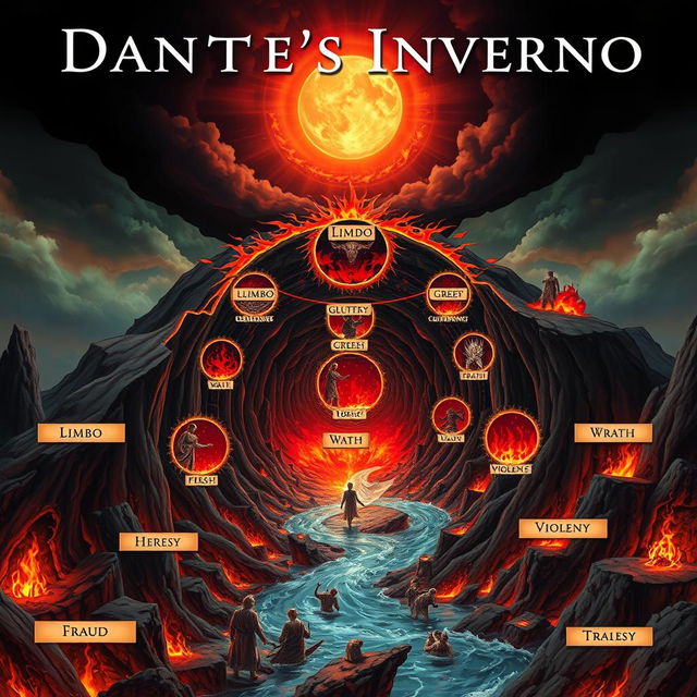 A visually striking illustration of Dante's Inferno featuring the nine circles of Hell, each clearly labeled with its level name