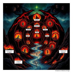 A visually striking illustration of Dante's Inferno featuring the nine circles of Hell, each clearly labeled with its level name