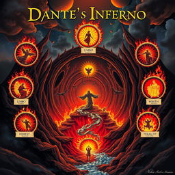 A visually striking illustration of Dante's Inferno featuring the nine circles of Hell, each clearly labeled with its level name