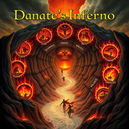 A visually striking illustration of Dante's Inferno featuring the nine circles of Hell, each clearly labeled with its level name