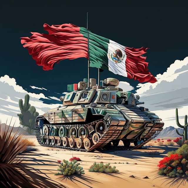 This high-resolution digital art depicts a Mexican tank in a desert setting