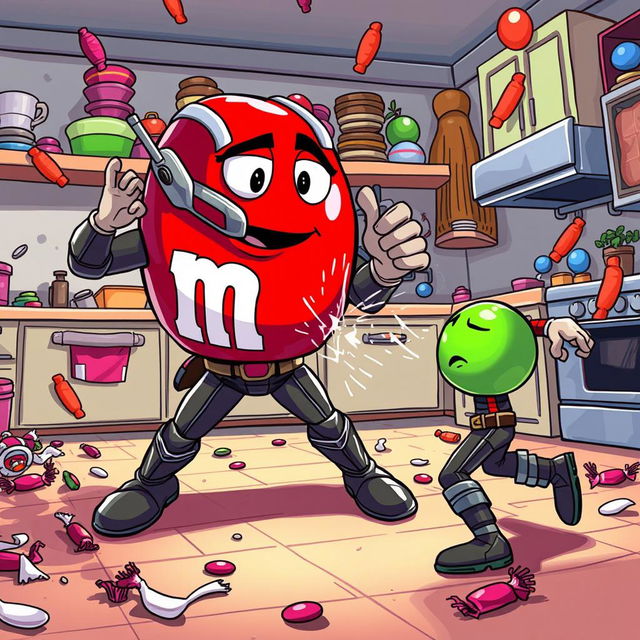 A dynamic and colorful scene showcasing a playful fight between Ant-Man and a giant M&M candy